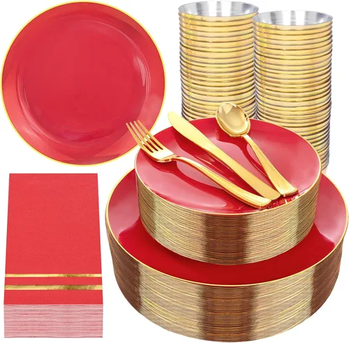 Miniatura 9 de NOCCUR Juego de vajilla de 210 piezas de color negro y plateado para 30 invitados, platos de plástico negro con borde plateado que incluyen 30 Negro