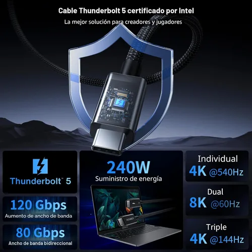 Miniatura 2 de IVANKY Certificado Intel Cable Thunderbolt 5 de 3.3 pies, hasta 120 Gbps y 240 W, cable Thunderbolt trenzado premium de 80 Gbps, compatible