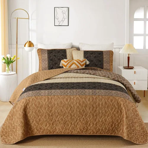 Miniatura 2 de Cottolester Juego de edredón de otoño de 2 piezas, tamaño individual, colcha de retazos a rayas marrones para hombres y mujeres, juego de ropa
