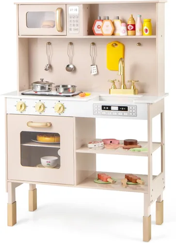 Costzon Cocina de Juego para Niños, Juego de Cocina Ajustable en Altura con Luces y Sonidos Reales, Microondas, Horno, Estufas, Fregadero y Grifo,