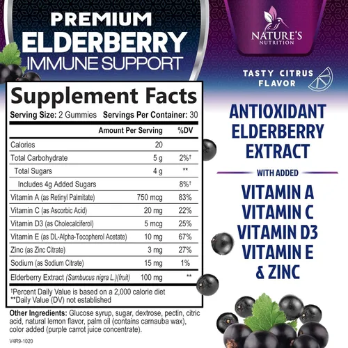 Miniatura 2 de Gomitas de apoyo inmunológico de saúco, gomitas de saúco Sambucus de 3 veces más fuerza con vitamina C, D3 y zinc, extracto de saúco negro