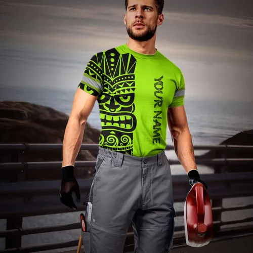 Miniatura 2 de Camisa de Alta Visibilidad con Cráneo para Hombre, Camisas Reflectantes de Seguridad con Bandera de EE. UU., Nombre Personalizado para Ropa
