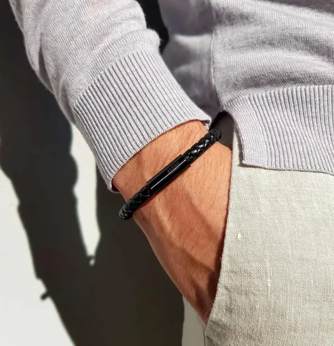 Miniatura 3 de Alton of Sweden Pulsera de cuero de primera calidad para hombre Pulsera de piel de becerro trenzada negra auténtica Cierre magnético fuerte Caja