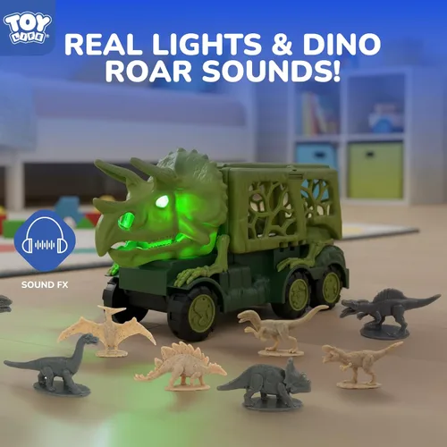 Miniatura 6 de TOY Life Camión de Dinosaurio Jurásico con Pista y Luces y Sonidos, Juguetes de Dinosaurio Triceratops para Niños de 3 a 5, Juego de Transporte