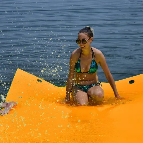 Miniatura 4 de GYMAX Almohadilla de agua flotante, tapete de espuma de agua de 12 x 6 pies, isla flotante de 3 capas para piscina, río, lago, playa, actividades