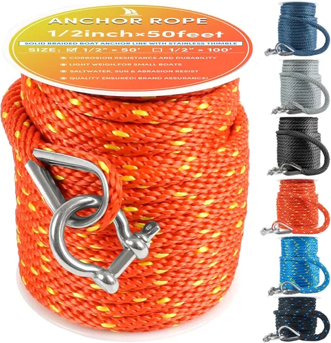 Miniatura 34 de Cuerda de anclaje premium de 100 pies x 3/8 pulgadas, cuerda marina de línea de anclaje MFP trenzada sólida con dedal y grillete, color negro