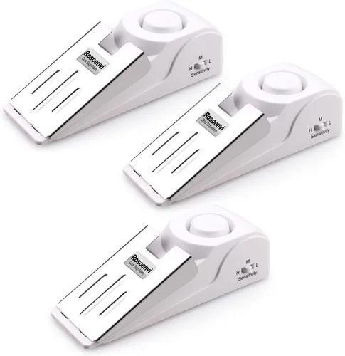 Miniatura 11 de Paquete de 2 alarmas de tope de puerta, tope de puerta con alarma de seguridad de 120 DB, sirena de tope de puerta de cuña de piso, dispositivos
