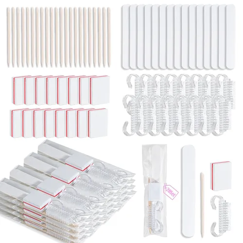 Miniatura 10 de 20 juegos de kit de manicura desechable básico de 4 piezas para viajes, cepillo de agarre, mini pulidor de uñas, lima de uñas y palo de madera
