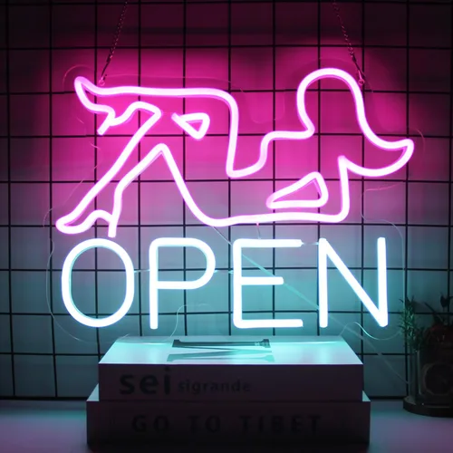 Miniatura 2 de Señal de Neón Abierta para Bar, Letrero LED Rosa de Dama de Neón para Decoración de Pared, Letrero de Luz de Neón de Letras Azules para Iluminar