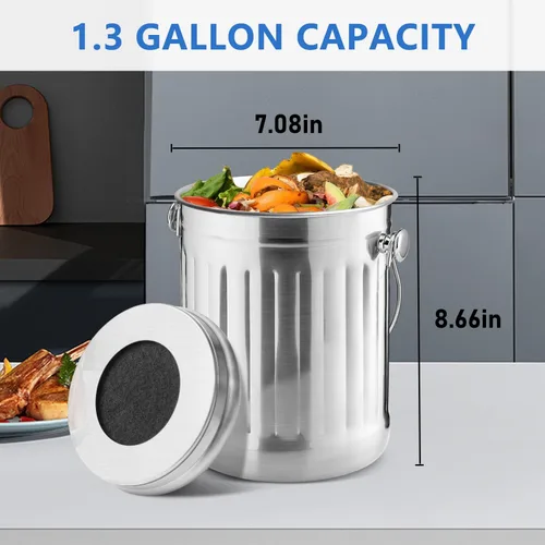 Miniatura 2 de ENLOY Cubo de abono para encimera de cocina, cubo de abono interior de acero inoxidable de 1.3 galones para encimera de cocina, cubo de compost