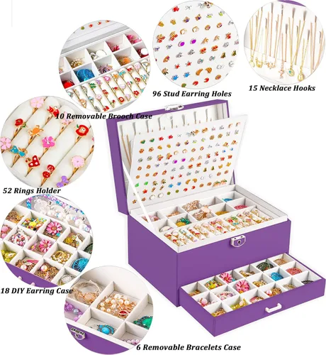 Miniatura 38 de Joyero de pendientes para mujeres y niñas, organizador de aretes de 5 capas, caja organizadora de joyas blanca con candado, collares y aretes