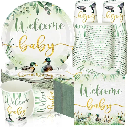 Miniatura 18 de Hushee 200 piezas de platos de papel, servilletas y vasos florales para baby shower, juego de vajilla para fiesta de baby shower, vasos y Rosa