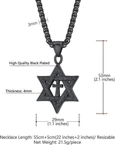 Miniatura 78 de U7 - Collar con Estrella de David para hombres y mujeres, dije hexagonal de acero inoxidable con cruz/piedra de rubí/collares clásicos judíos