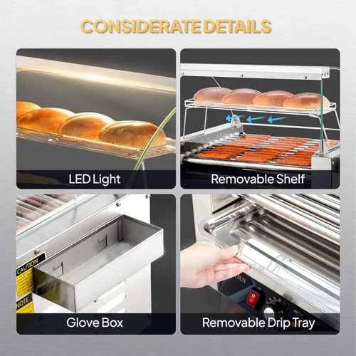Miniatura 5 de ROVSUN Hot Dog Roller con 11 asadores para 30 hot dogs, máquina de cocción eléctrica de asador con cubierta, control de temperatura dual
