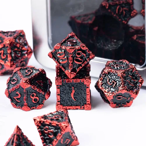 Miniatura 4 de Cusdie 7 dados de metal con caja de metal, juego de dados poliédricos DND con diseño de daga, para juegos de rol, dados D&D (negro con fuente roja)