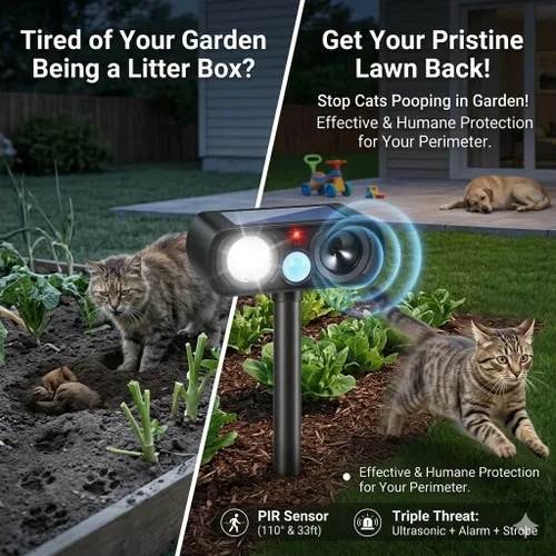 Miniatura 2 de Paquete de 4 repelentes de gatos Feral para exteriores, repelente de animales ultrasónico solar con detección de movimiento y luz de flash