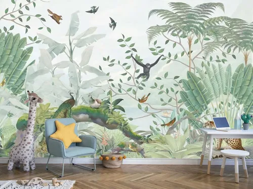 Miniatura 12 de Pegatinas de pared de animales de selva de plantas verdes tropicales, murales de pared personalizados para dormitorios, salas de estar, oficinas