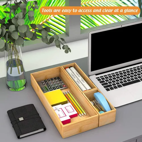 Miniatura 6 de Organizador de cajones de bambú portautensilios para cocina, organizador de almacenamiento de cubiertos de madera pequeña, bandeja de caja apilable