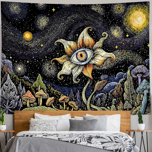Yeoiat Tapiz de flores cósmicas, tapiz de hongo, paisaje en pared, noche estrellada, arte botánico visionario, decoración para recámara o