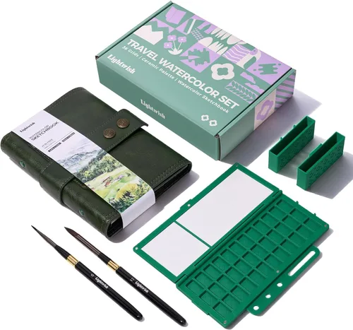 Miniatura 12 de Juego de cuaderno de bocetos de acuarela de viaje, 6.7 x 3.9 pulgadas, 100% algodón, prensa en frío, 20 hojas, diario de arte con paleta de pintura