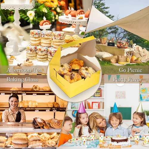 Miniatura 7 de KPOSIYA 65 cajas de panadería con ventana de 6 x 6 x 3 pulgadas, cajas de galletas de 5 estilos, cajas pequeñas de pastelería para dulces, postres