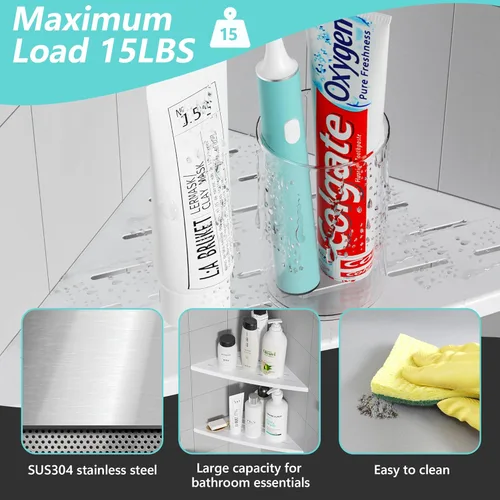 Miniatura 5 de Qeke Estante esquinero de ducha dorado cepillado, acero inoxidable 304 de 11.5 pulgadas, estante esquinero empotrado de baño para pared de azulejos
