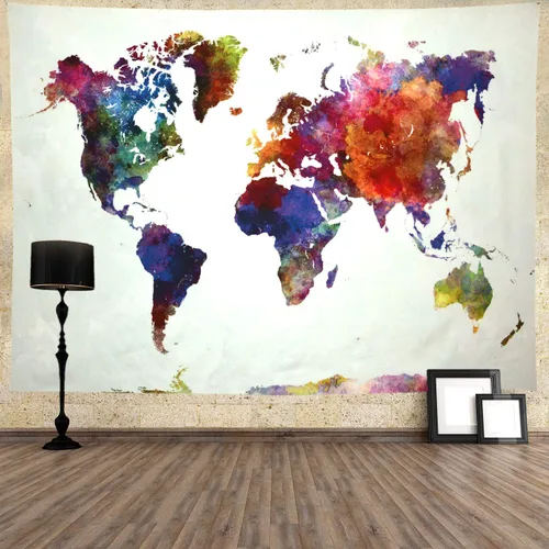 Miniatura 4 de Ameyahud Tapiz de mapamundi de acuarela, tapiz educativo de geografía, pintura colorida, tapiz del mundo nacional, decoración para colgar