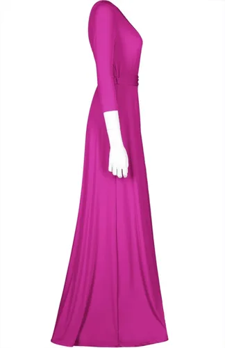 Miniatura 3 de Bon Rosy maxi vestido ceñido de mangas 34 y escote en V liso para mujer