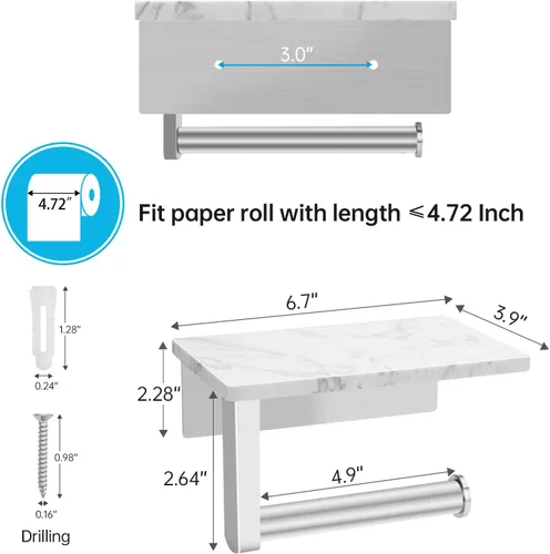 Miniatura 2 de Soporte de papel higiénico con estante de mármol, soporte de papel higiénico montado en la pared de acero inoxidable SUS304 y 2 ganchos adhesivos