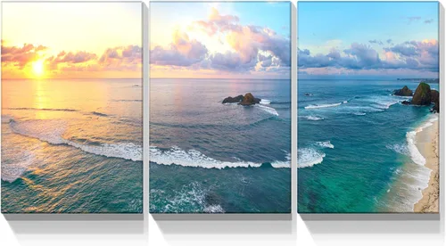 Miniatura 7 de YONICA Lienzo decorativo de 3 paneles para decoración del hogar, mar azul, puesta de sol y playa, pintura, impresión sobre lienzo, paisaje marino