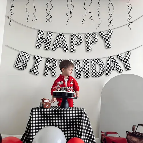 Miniatura 5 de Decoraciones de fiesta de cumpleaños de coche de carreras, pancarta de globos de feliz cumpleaños a cuadros en blanco y negro