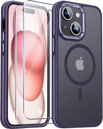 JAME - Funda para iPhone 15 con 2 protectores de pantalla de vidrio templado [Compatible con Magsafe][Protección de grado militar] Funda delgada a