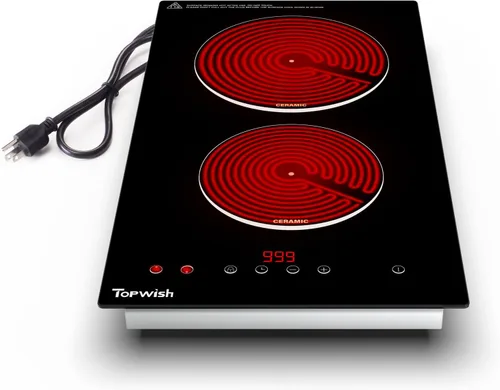 Placa de cocina eléctrica, TOPWISH Placa de cocina eléctrica de 2 quemadores empotrable, 110V enchufable, quemadores de estufa para cocinar, estufa