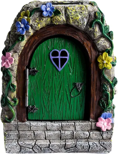 Marsrut A Solar Fairy Door Garden Miniaturas con escalones y puerta de apertura: resina, adornos impermeables y brillantes, accesorios iluminados