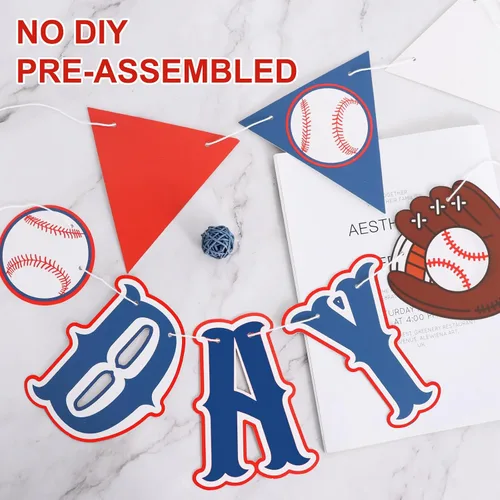 Miniatura 3 de Cartel de béisbol azul preencordado, 3 piezas, sin bricolaje, feliz cumpleaños, banderín triangular, decoración temática deportiva para baby shower