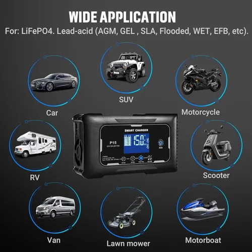 Miniatura 3 de Cargador de batería de automóvil, 12V/24V 15 Amp Cargador de batería para plomo-ácido (AGM/Gel/SLA/EFB) y LiFePO4, cargador inteligente automático