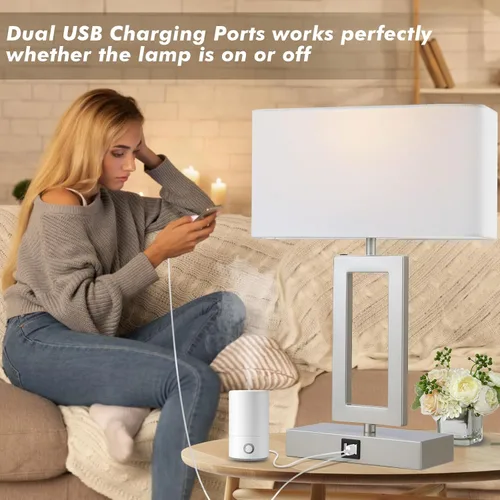 Miniatura 3 de gernehop - Juego de 2 lámparas de mesa plateadas con puertos USB duales, lámparas de noche con control táctil regulables de 3 vías, lámpara de mesa