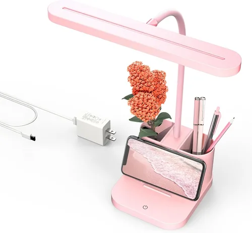Miniatura 8 de AXX Lámpara de Escritorio Blanca para Dormitorio Universitario, Bonita, LED, Regulable, Pequeña, Portabolígrafos, Cuello de Ganso Flexible, Control