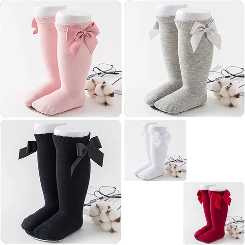Miniatura 6 de Calcetines altos hasta la rodilla para bebés y niñas, con lazo, tubo con volantes, de algodón, calcetines largos para bebés y niños pequeños, 5 pares