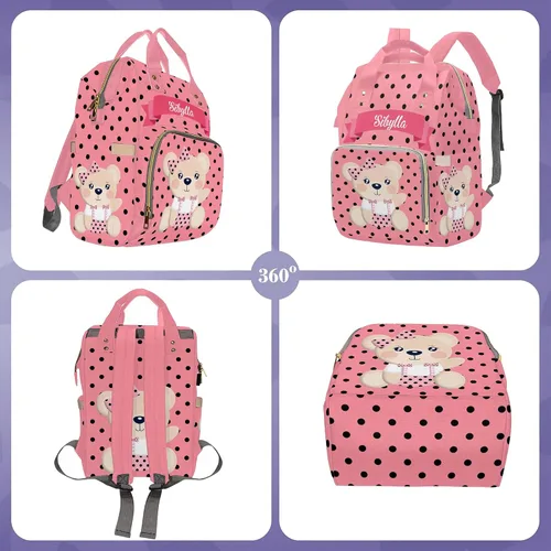 Miniatura 2 de Bolsa de pañales personalizada con nombre, bolsa de lactancia rosa personalizada con puntos negros, mochila impermeable de nailon para mujeres 1024-6