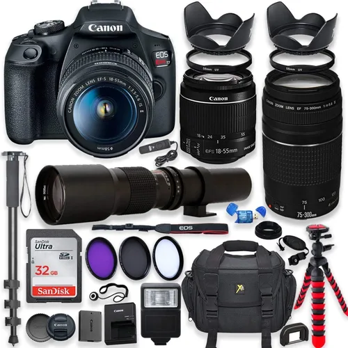 Canon - Cámara DSLR EOS Rebel T7 con lente II de 18-55 mm + lente Canon EF 75-300 mm f/4-5.6 III y lente preestablecida de 500 mm + memoria de 32 GB