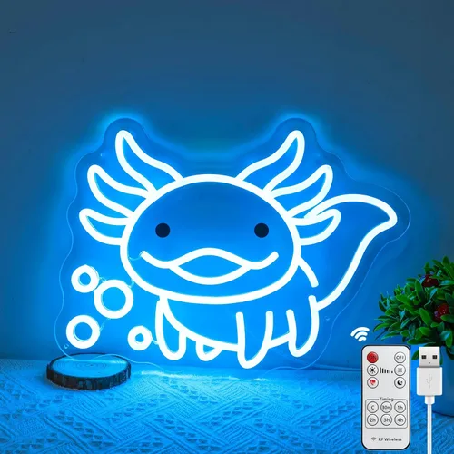 Axolotl - Letrero de neón para regalos de niños y niñas, letrero LED de ajolote azul hielo alimentado por USB, letrero de luz nocturna regulable