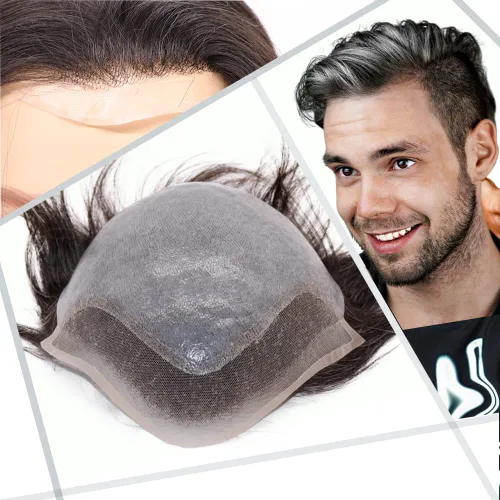 Miniatura 11 de Toupee - Peluca de cabello humano europeo con encaje frontal suizo y línea capilar natural para hombre, con piel sintética, sistema de reemplazo