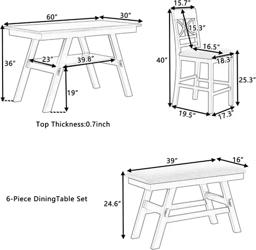 Miniatura 2 de SOFTSEA Juego de mesa de comedor de estilo rústico de 6 piezas para 6, mesa de cocina de madera con banco y 4 sillas tapizadas, juego de mesa