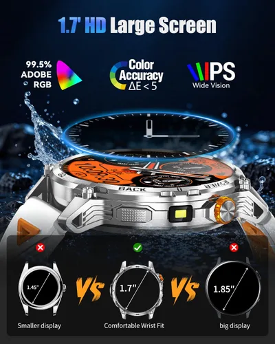 Miniatura 4 de Relojes inteligentes militares para hombres, reloj inteligente de pantalla grande HD de 1000 mAh/1.7 pulgadas, linterna LED, responder/hacer Gris