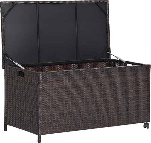Giantex Caja de almacenamiento de mimbre para exteriores, contenedor de almacenamiento de ratán de polietileno de 50 galones con tapa, forro