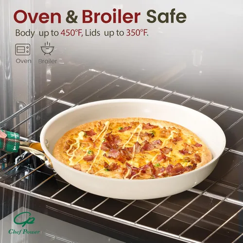 Miniatura 6 de Chef Power Sartén de cerámica con mango de acero inoxidable, juego de 5 sartenes antiadherentes, aptas para lavavajillas y horno, color blanco crema