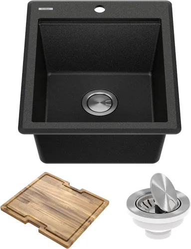 KRAUS Bellucci KGTW12-18MBL - Fregadero de cocina de estación de trabajo de granito, 46 cm, montaje directo, cuenco individual, montaje superior,