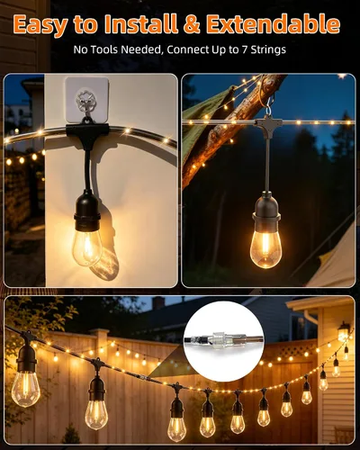 Miniatura 6 de Tira de luces para exteriores con tubo iluminado de 24 pies, cadena de luces de grado comercial con 13 bombillas Edison S14 (12+1 de repuesto)