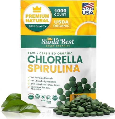 Sunlit Best Clorella y Espirulina Comprimidos - Orgánicos USDA, Comprimidos Premium de Clorella y Espirulina 1000 Unidades - Superalimento Puro